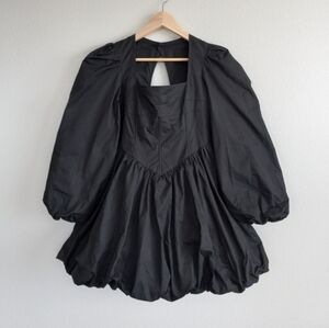 Pann Pann Corset Bubble Hem Long Sleeve Mini Dress Black Poplin L